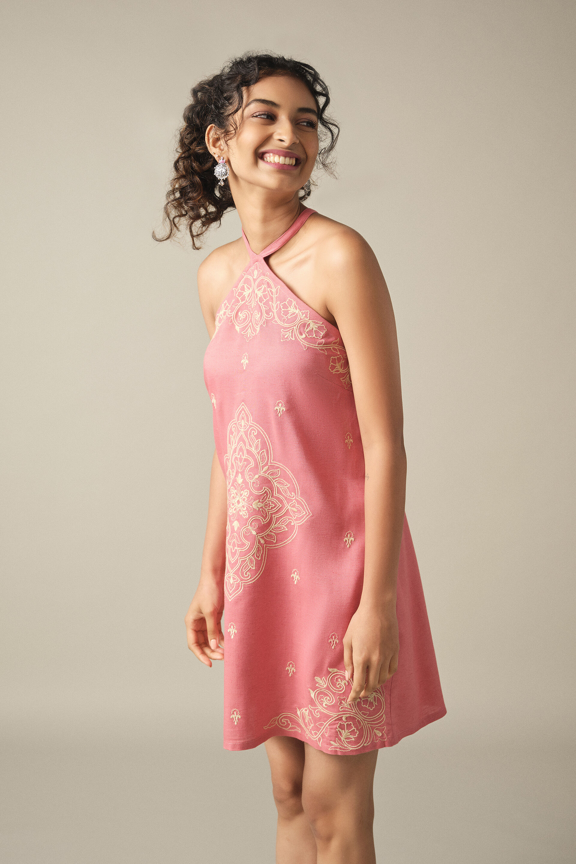 Criss-Cross Embroidered Mini Dress in Pink, Pink, image 5